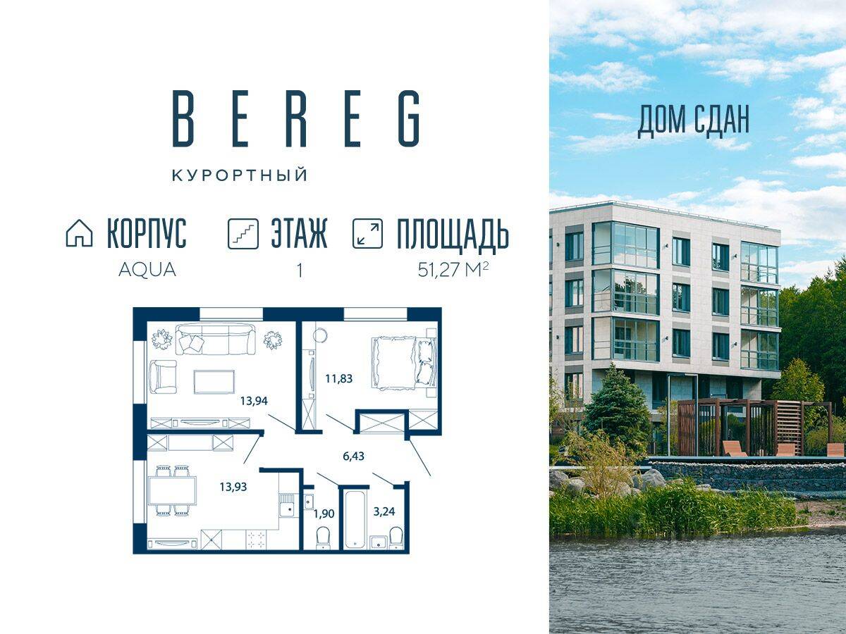 Планировка 2 комнатной квартиры, 51.27 м², в «Bereg. Курортный»