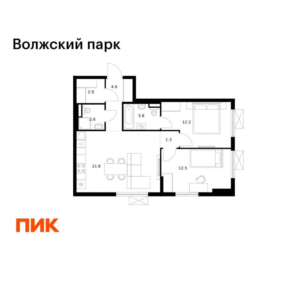 2-комн. квартира, 61,7 м², в ЖК Волжский парк
