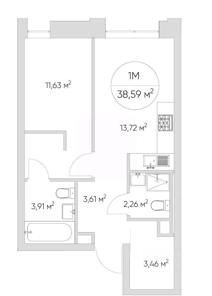 1-комн. квартира, 38,4 м², в Апарт-комплекс N'ice loft