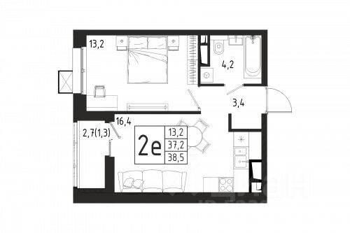 1-комн. квартира, 38,5 м², в ЖК «Берег»