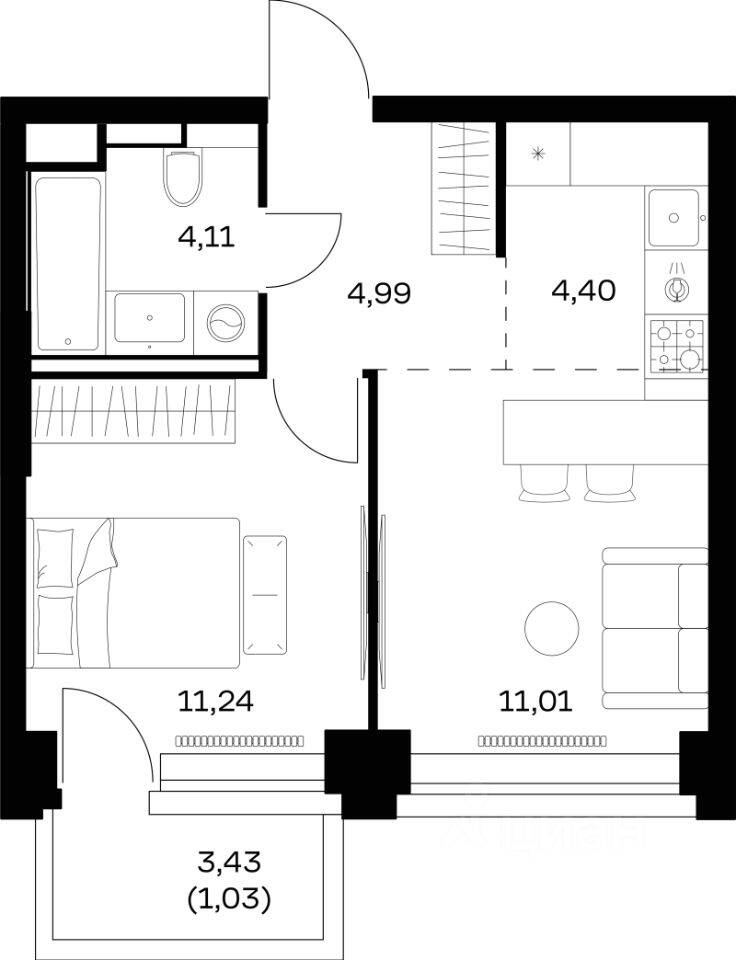 1-комн. квартира, 36,78 м², в ЖК Nova