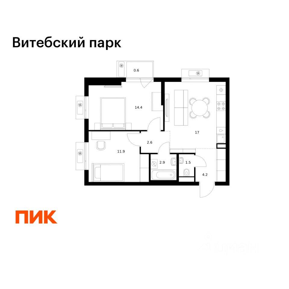 2-комн. квартира, 55,1 м², в ЖК Витебский парк