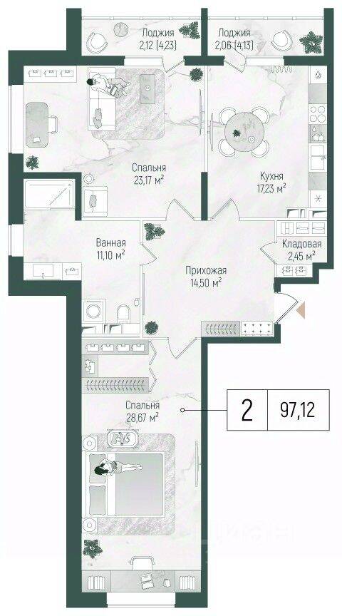 2-комн. квартира, 101,31 м², в ЖК Riga Hills