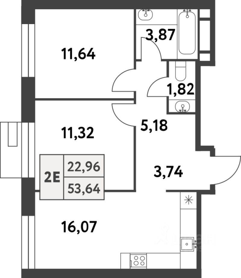 Планировка 2 комнатной квартиры, 53.6 м², в «Smart Garden»