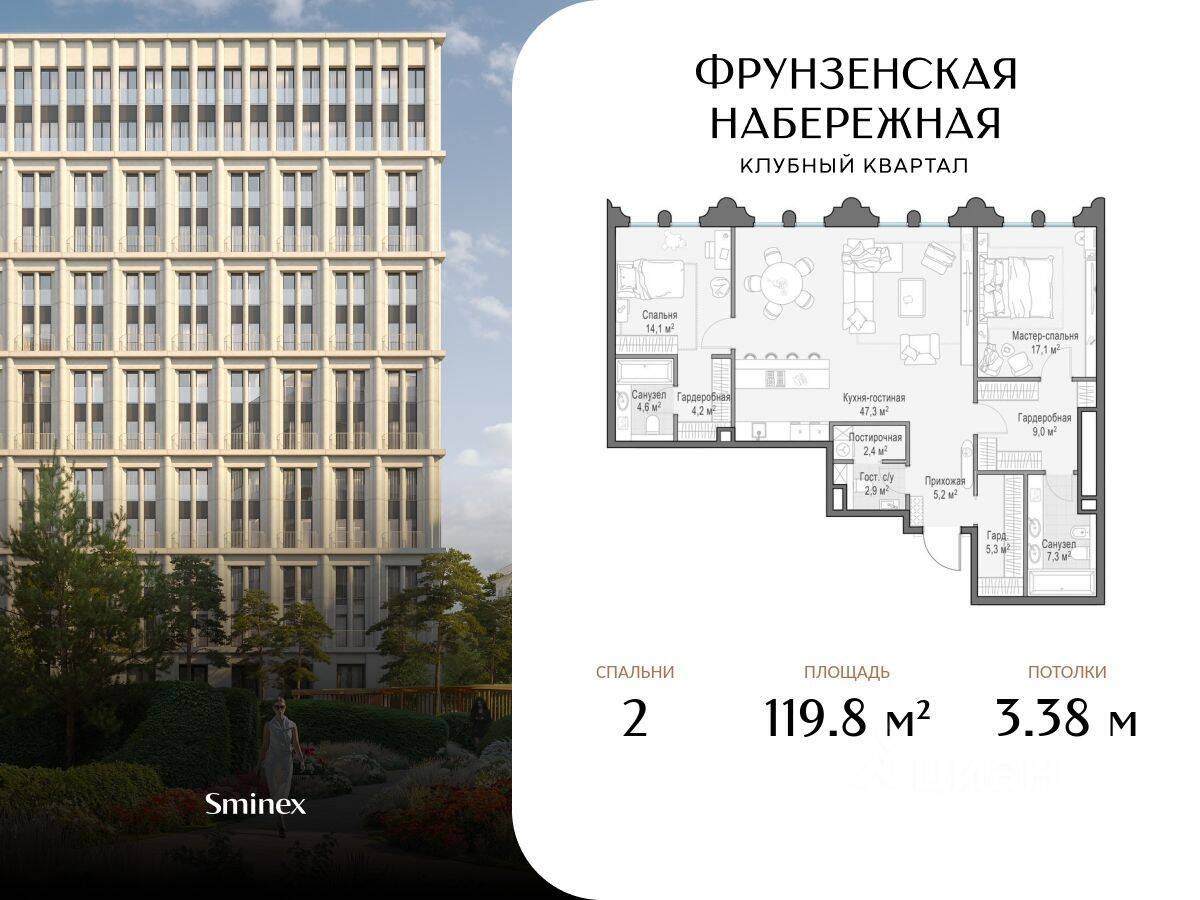 Планировка 2 комнатной квартиры, 119.8 м², в «Фрунзенская набережная»