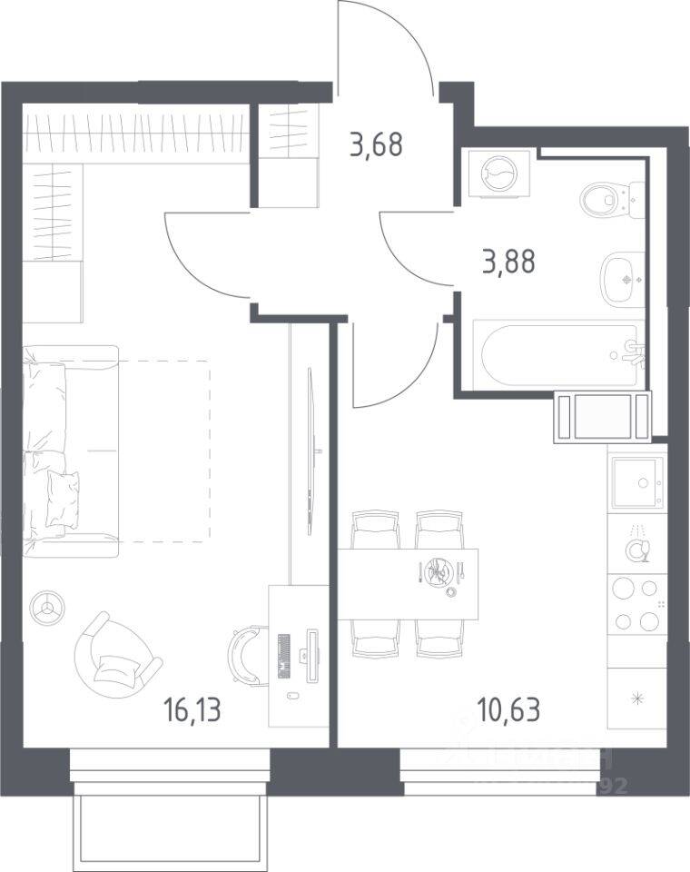Планировка 1 комнатной квартиры, 34.32 м², в «Томилино Парк»