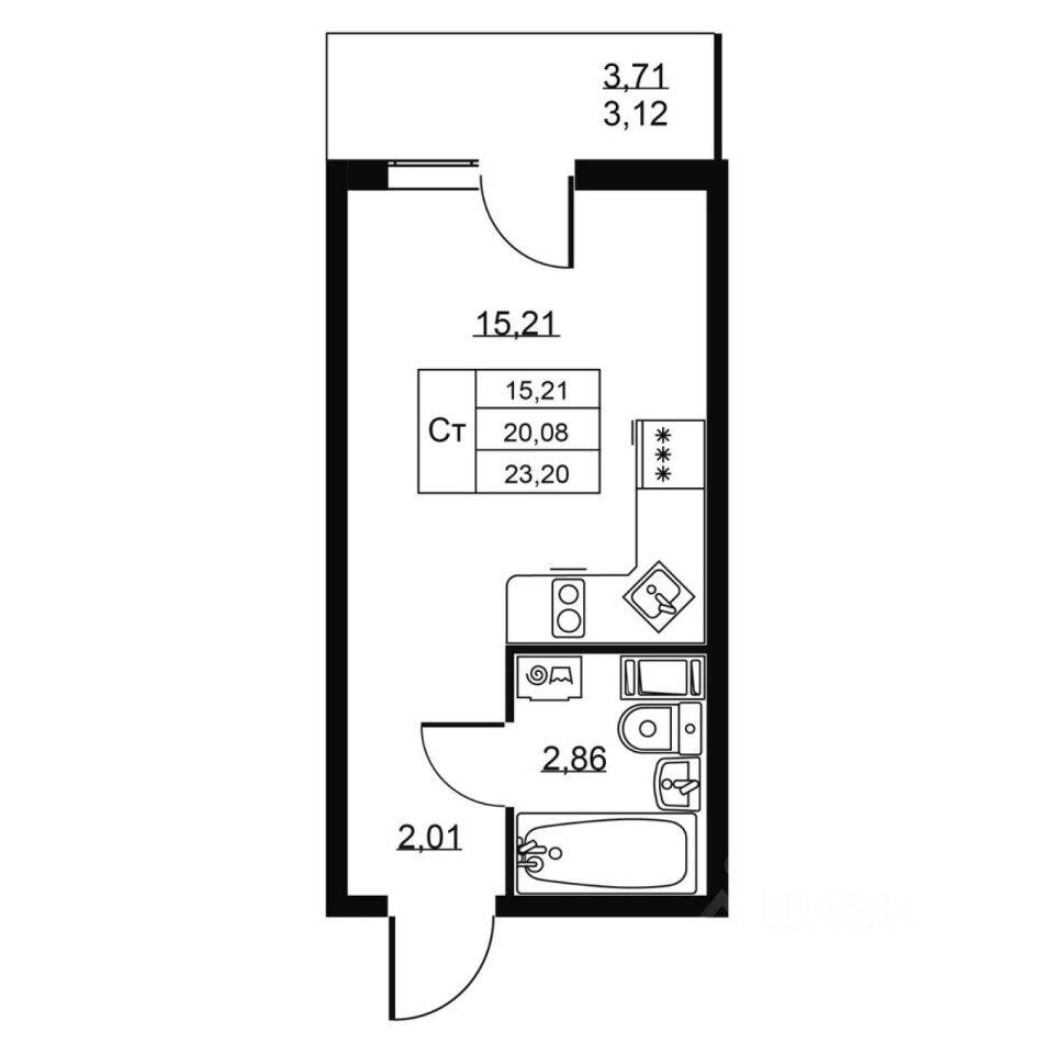 Квартира-студия, 23,2 м², в ЖК Перспектива
