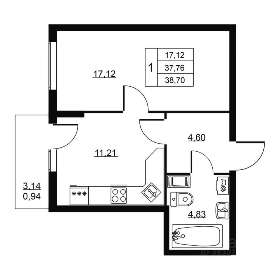 1-комн. квартира, 38,7 м², в ЖК Перспектива