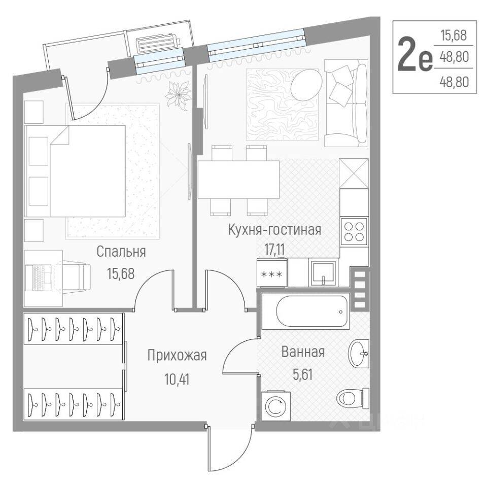 Планировка 2 комнатной квартиры, 48.6 м², в «Эльйон»