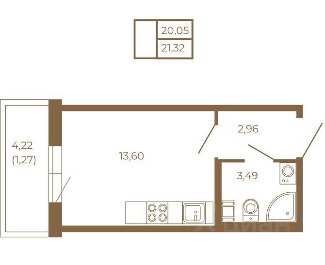 Планировка 1 комнатной квартиры, 21.32 м², в «Новая история»