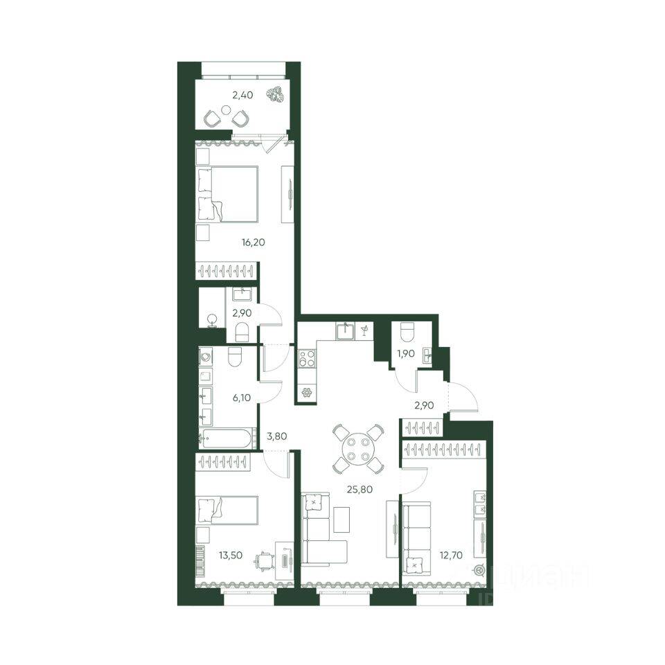 3-комн. квартира, 88,2 м², в ЖК «Моисеенко, 10»