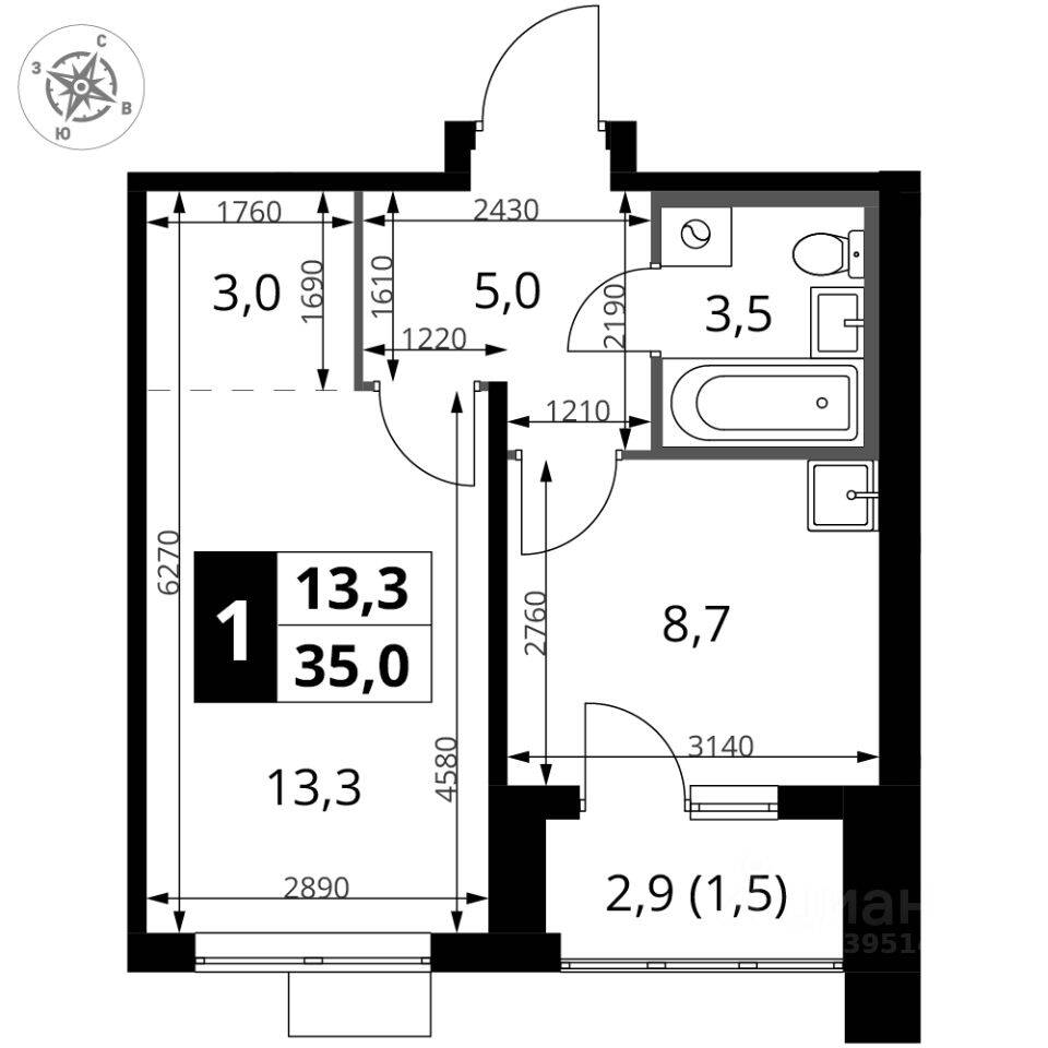1-комн. квартира, 35 м², в ЖК 1-й Донской