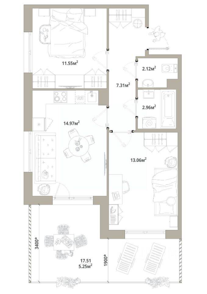2-комн. квартира, 57,22 м², в ЖК «Тишин»