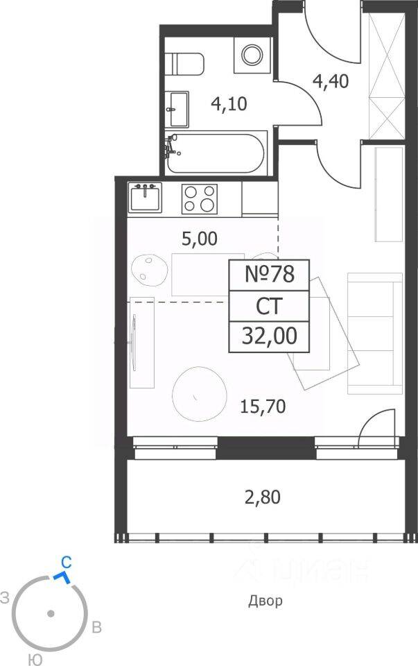 Планировка 1 комнатной квартиры, 32 м², в «на улице Новая (Октябрьский)»