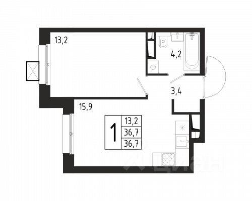 Планировка 1 комнатной квартиры, 36.7 м², в «Берег»