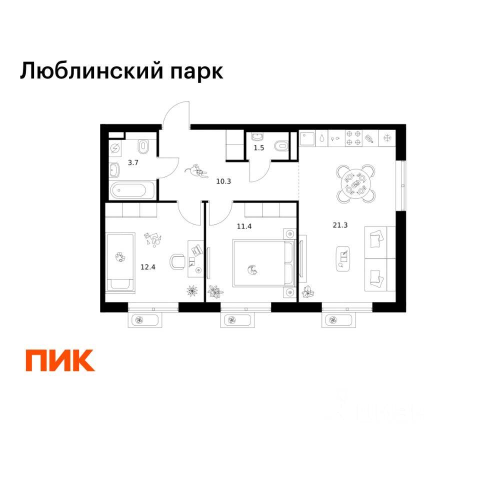 2-комн. квартира, 60,6 м², в ЖК «Люблинский парк»