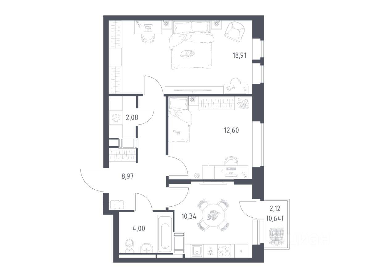2-комн. квартира, 57,54 м², в ЖК «Большое Путилково»