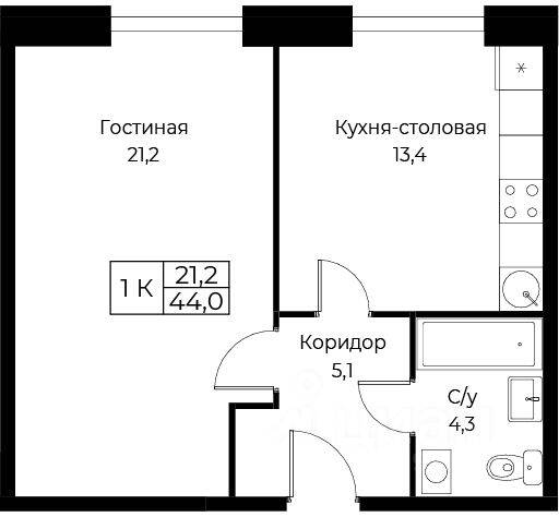 1-комн. квартира, 44 м², в Апарт-комплекс Aist Residence