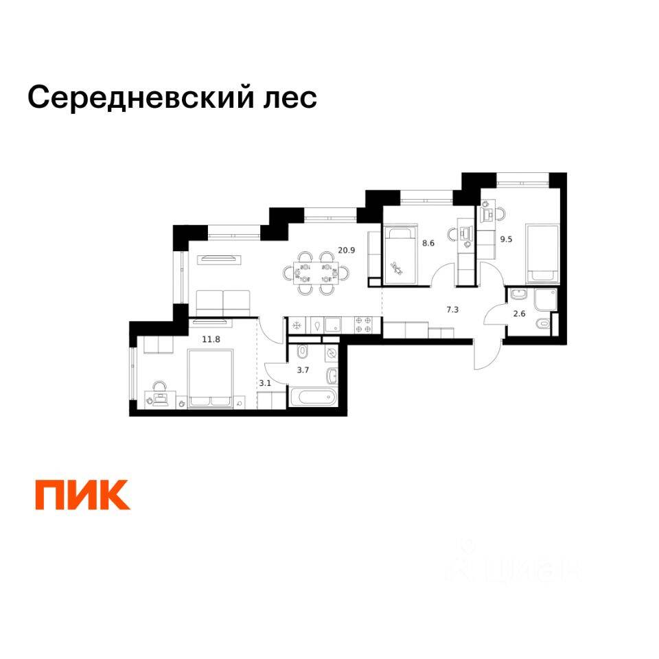 3-комн. квартира, 67,5 м², в ЖК Середневский лес