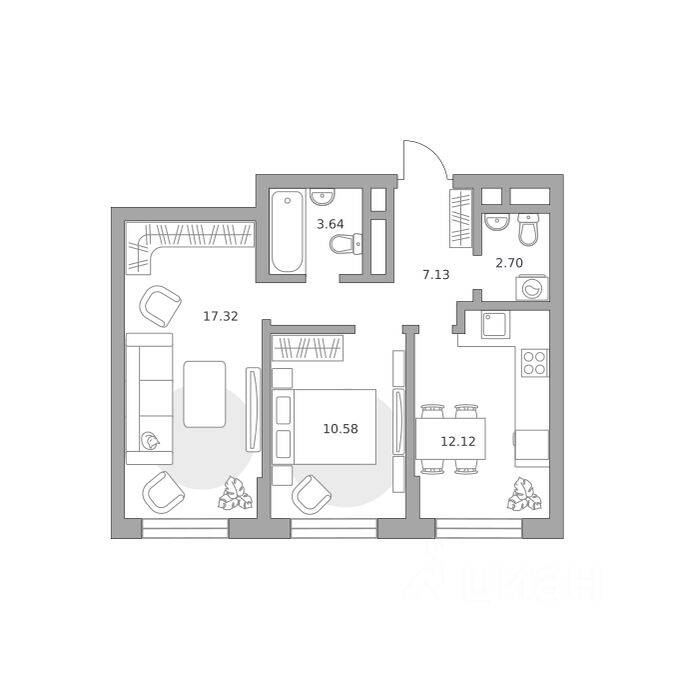 2-комн. квартира, 53,49 м², в Малоэтажный ЖК Живописный