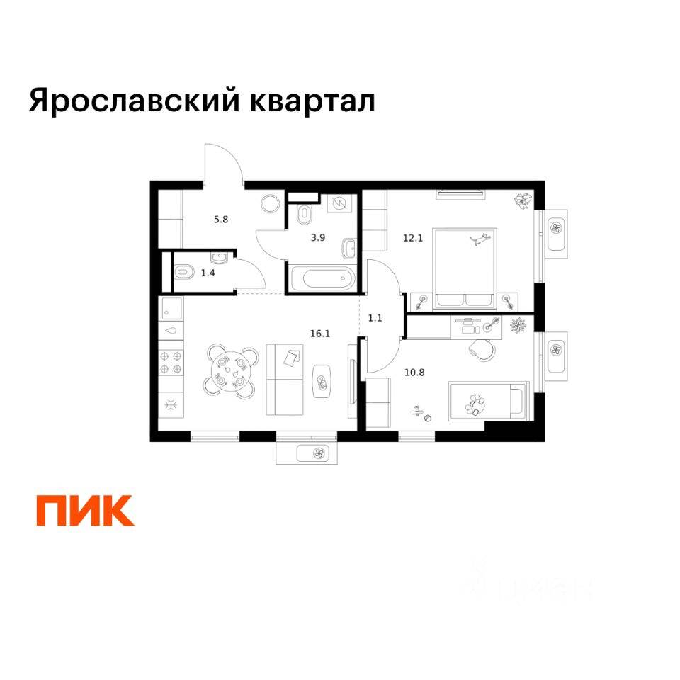 2-комн. квартира, 51,2 м², в ЖК Ярославский квартал