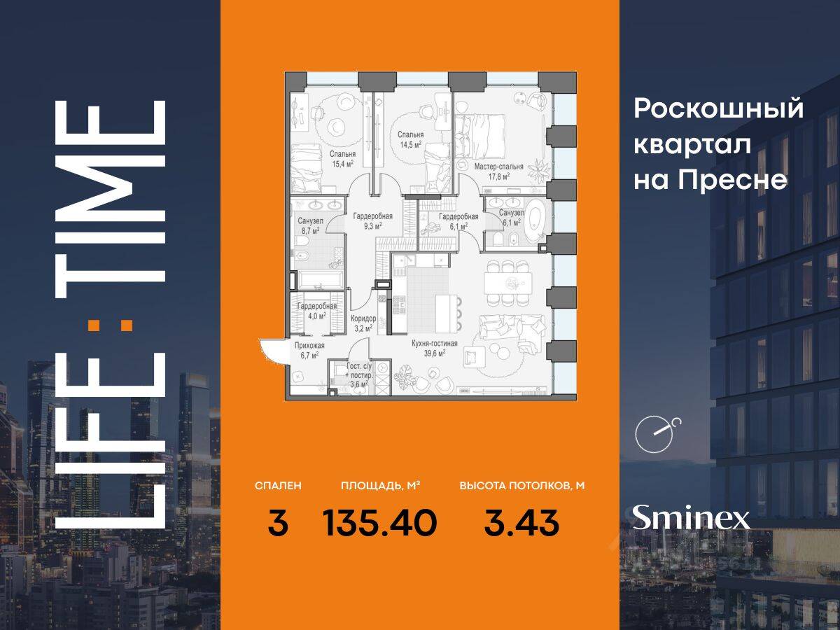 3-комн. квартира, 135 м², в ЖК Квартал Life Time