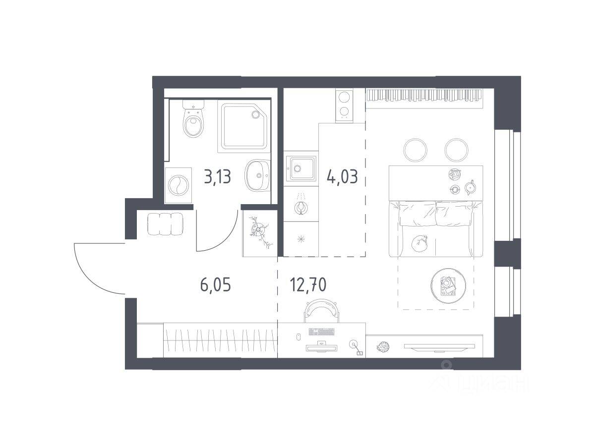 Планировка 1 комнатной квартиры, 25.91 м², в «Пригород Лесное»