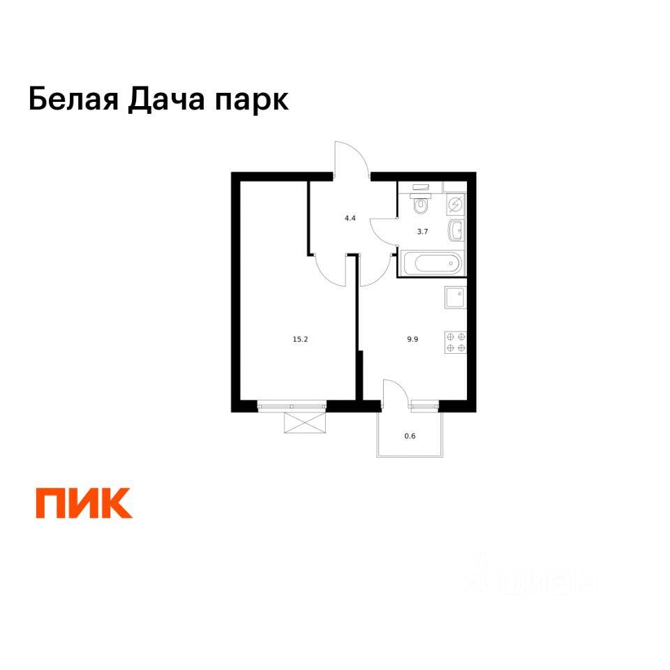 1-комн. квартира, 33,8 м², в ЖК «Белая Дача парк»