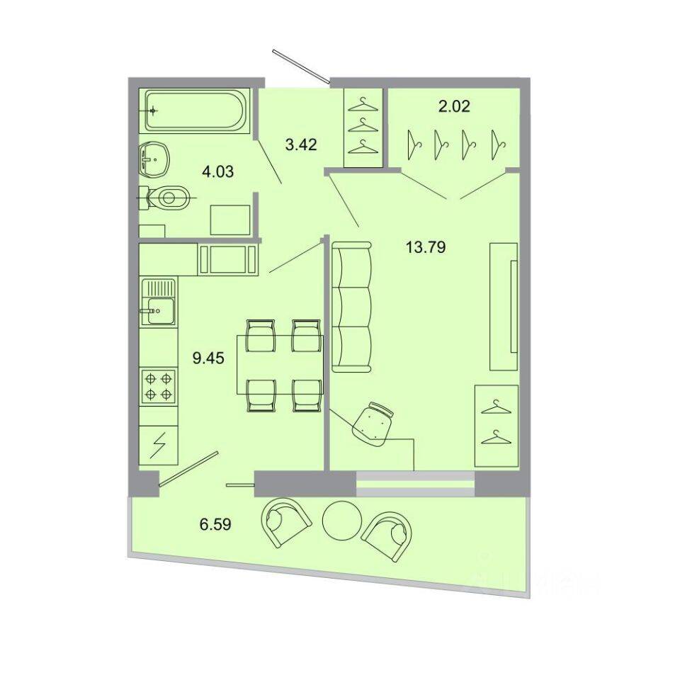 Планировка 1 комнатной квартиры, 34 м², в «Стороны света»