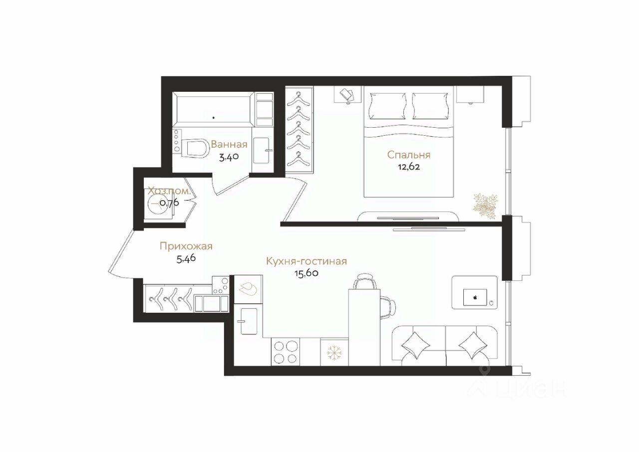 1-комн. квартира, 37,84 м², в ЖК ID Petrogradskaya
