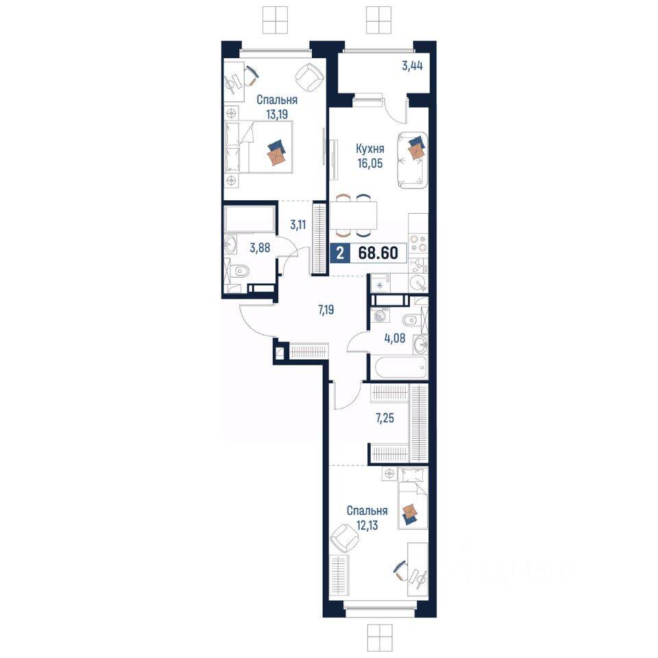 2-комн. квартира, 68,6 м², в ЖК Максималист
