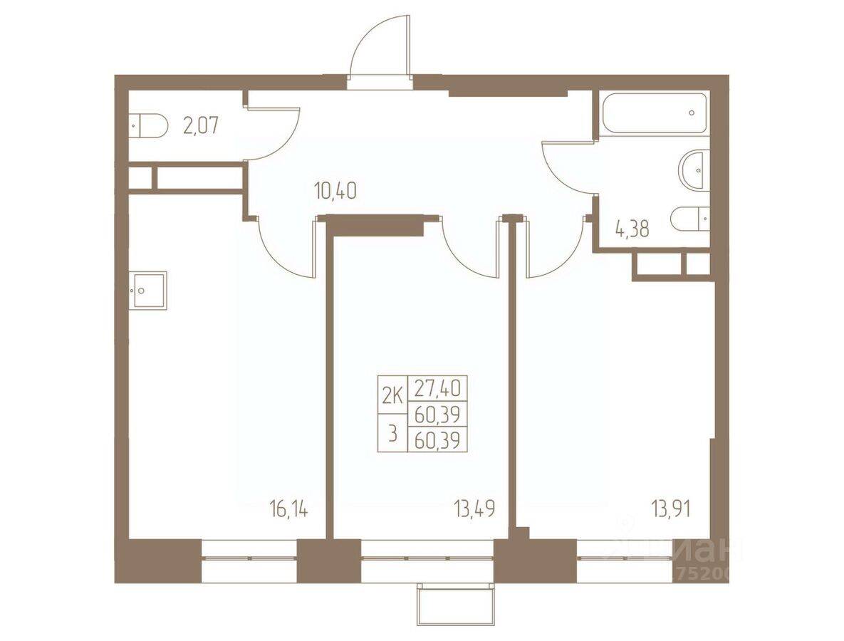 2-комн. квартира, 60,39 м², в ЖК Фабрикант