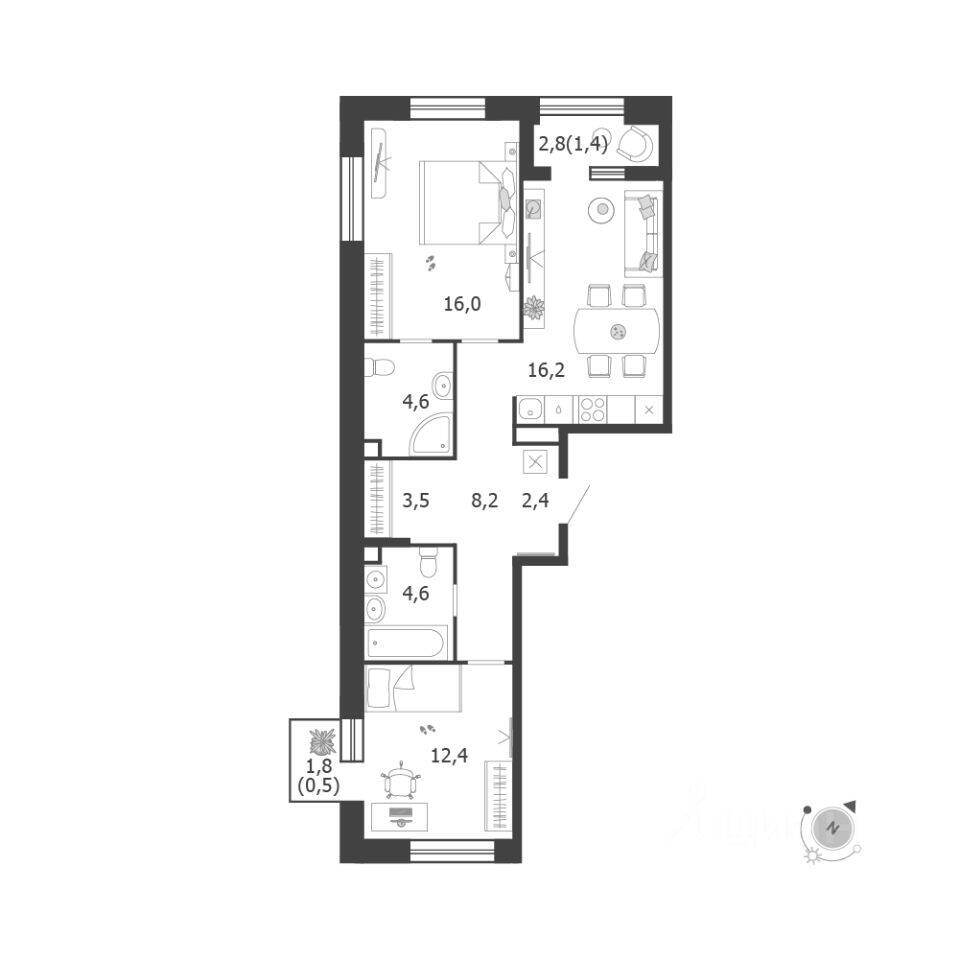2-комн. квартира, 69,8 м², в ЖК Жилой квартал Shagal