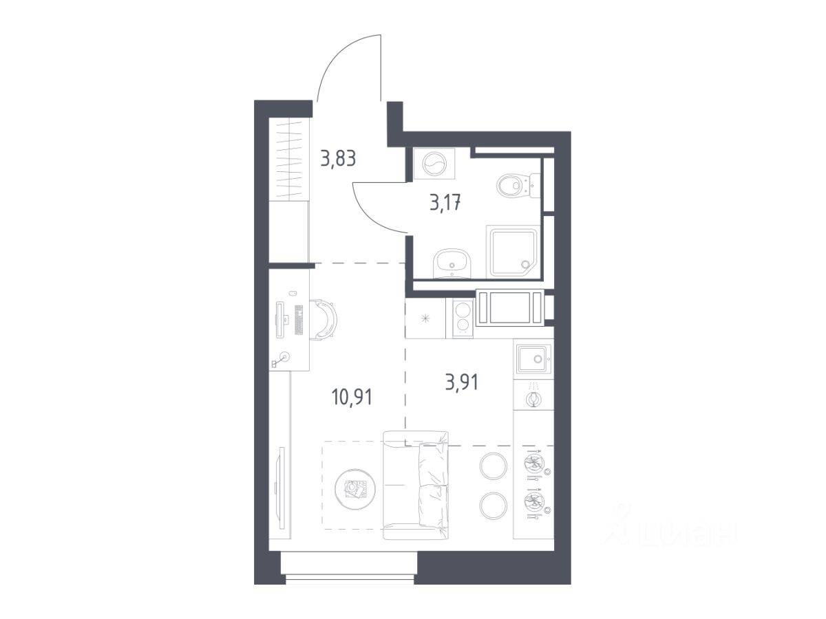 Планировка 1 комнатной квартиры, 21.82 м², в «Большое Путилково»