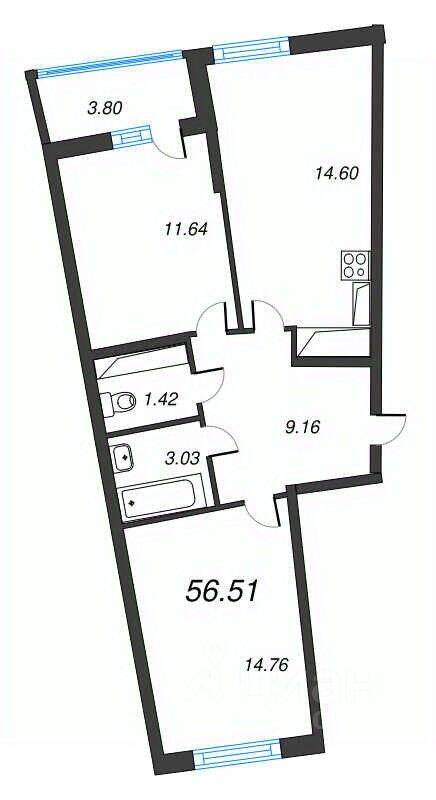 3-комн. квартира, 56,51 м², в ЖК Левитан