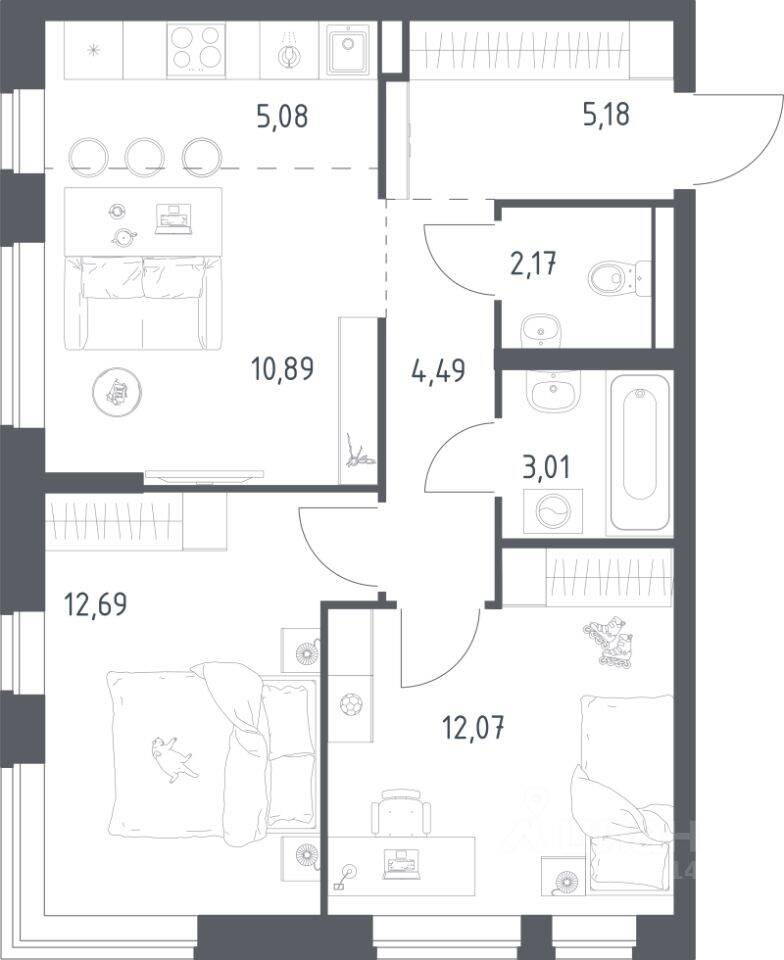 2-комн. квартира, 55,58 м², в ЖК Новое Видное