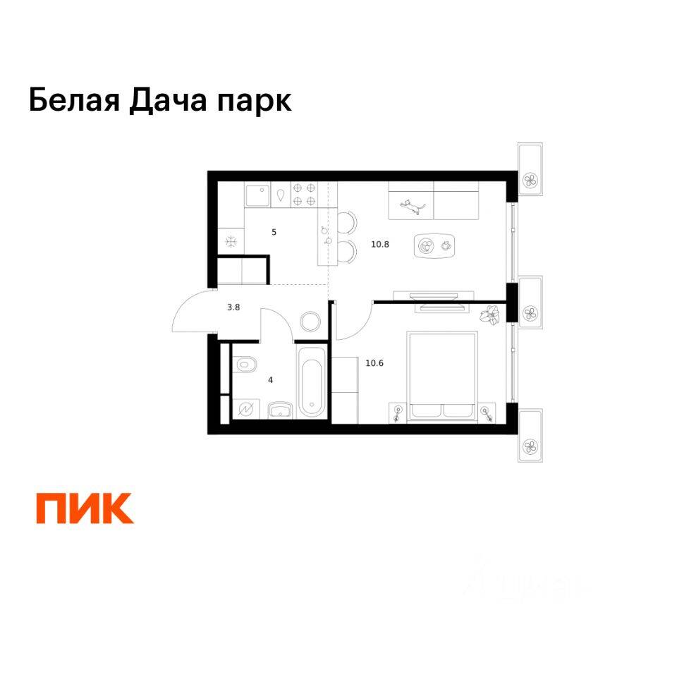 1-комн. квартира, 34,2 м², в ЖК «Белая Дача парк»