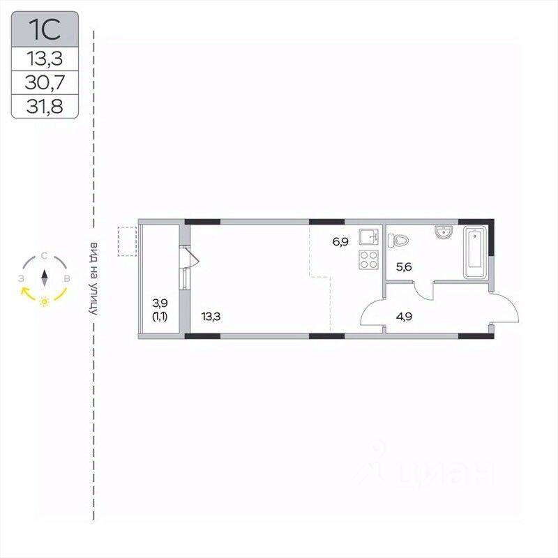 Квартира-студия, 31,8 м², в ЖК «Пироговская Ривьера»