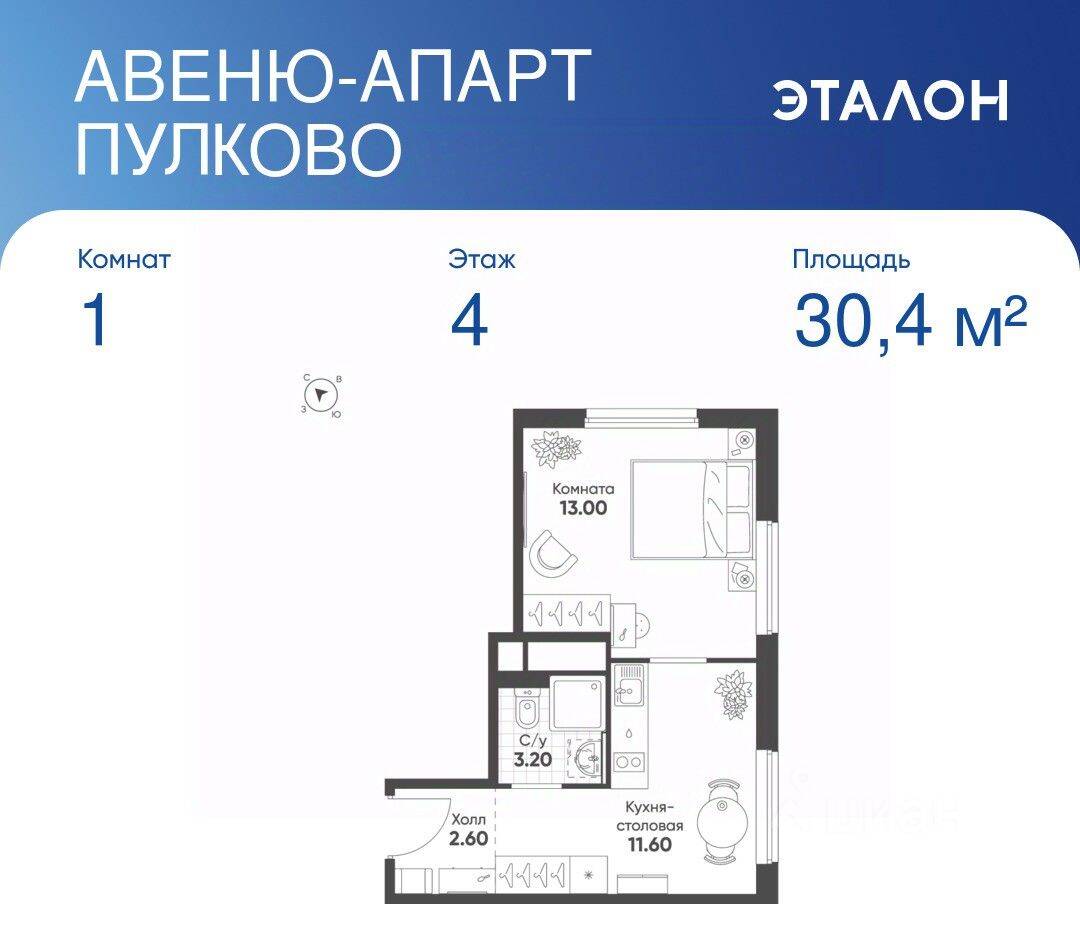 1-комн. квартира, 30,4 м², в Апарт-комплекс Avenue Apart Pulkovo