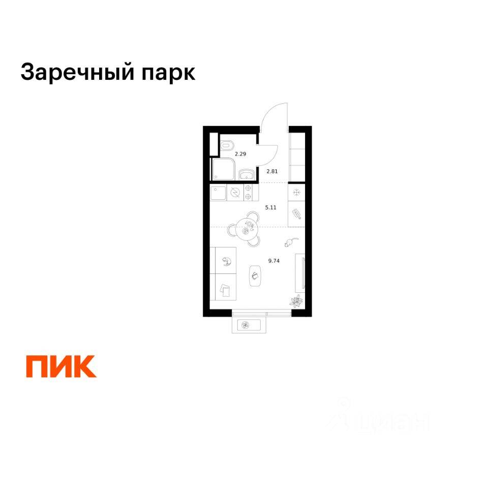 Квартира-студия, 19,95 м², в ЖК Заречный парк