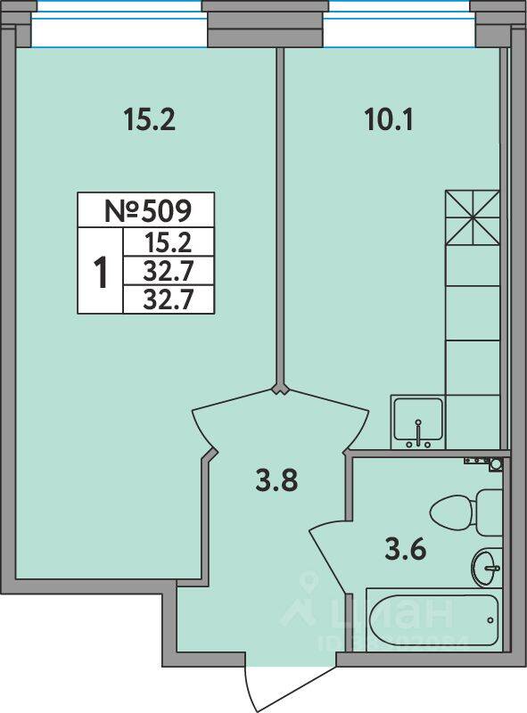 1-комн. квартира, 32,7 м², в ЖК Удача