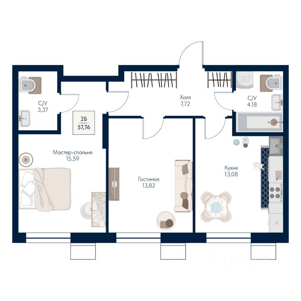2-комн. квартира, 57,76 м², в ЖК Бархат