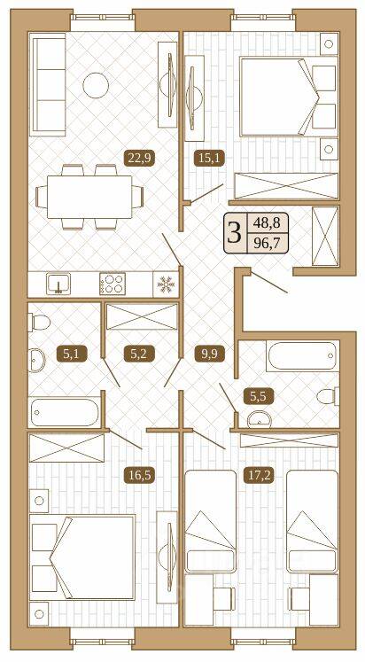 Планировка 3 комнатной квартиры, 96.7 м², в «Белый город (Сергиев Посад)»