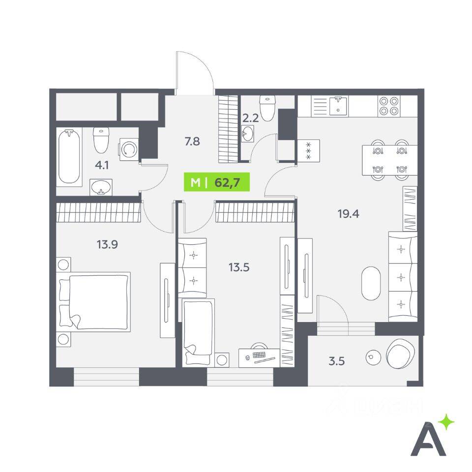 3-комн. квартира, 62,7 м², в ЖК Аквилон Leaves