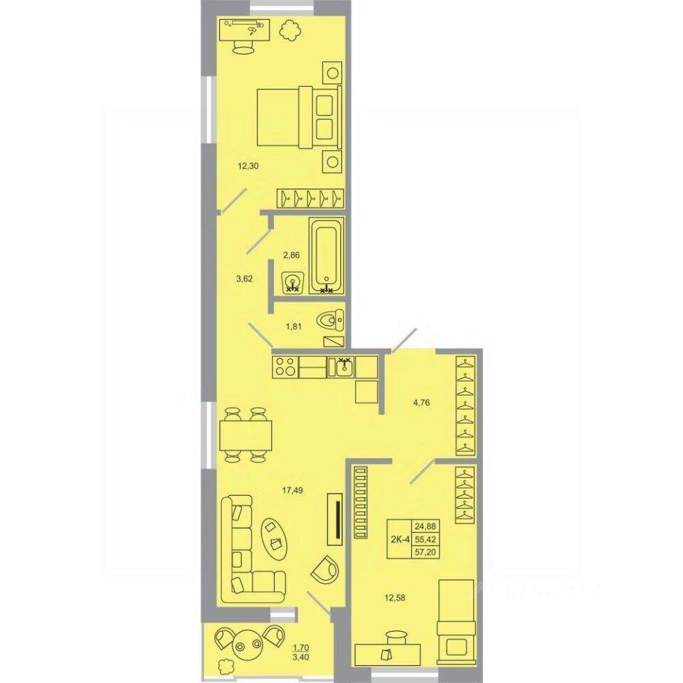 2-комн. квартира, 57,2 м², в ЖК Стороны света-2