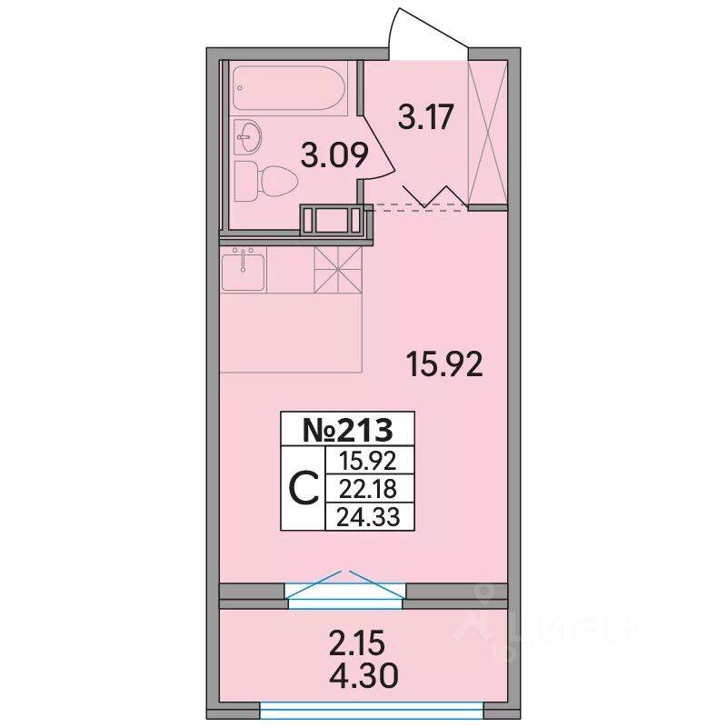 Планировка 1 комнатной квартиры, 24.33 м², в «Рождественский квартал»