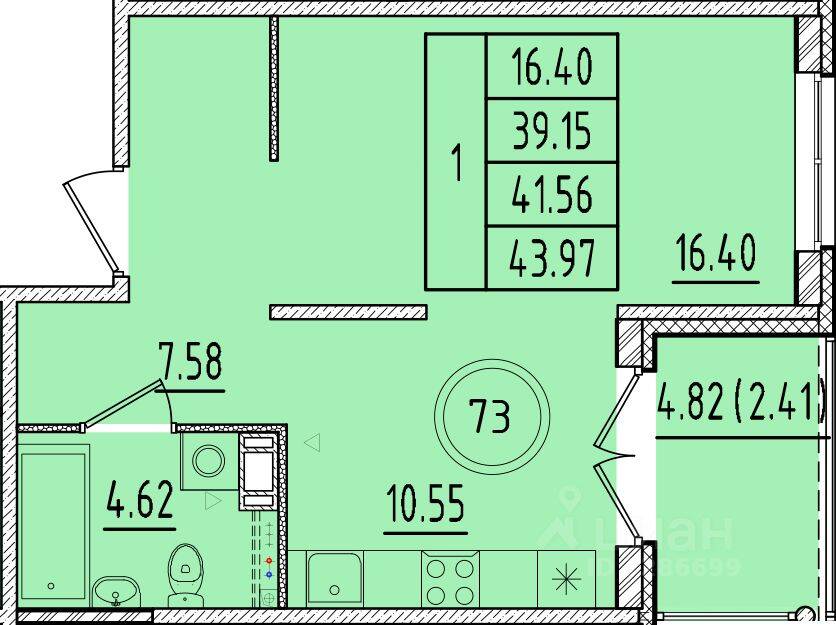 1-комн. квартира, 39,15 м², в Малоэтажный ЖК Образцовый квартал 17