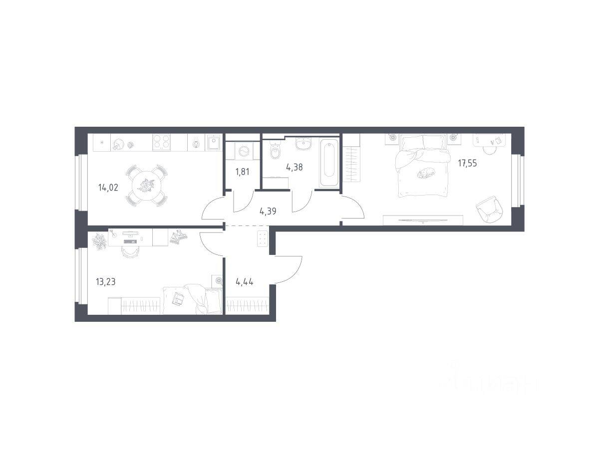 2-комн. квартира, 59,82 м², в ЖК Новое Видное