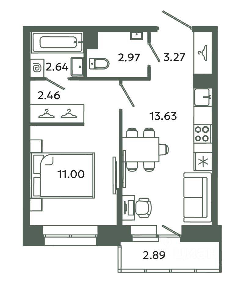 1-комн. квартира, 35,97 м², в ЖК Загляденье