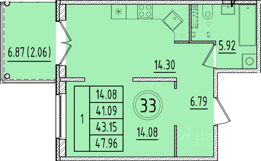 1-комн. квартира, 41,09 м², в Малоэтажный ЖК Образцовый квартал 17